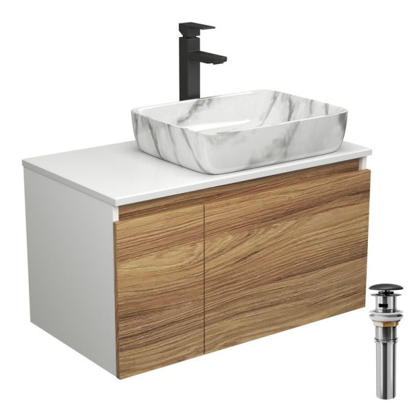 Комплект для ванной, 4 предмета (тумба Bau Dream 80 + раковина BAU 48х37, мрамор + смеситель Hotel Black, выпуск клик-клак, черный)