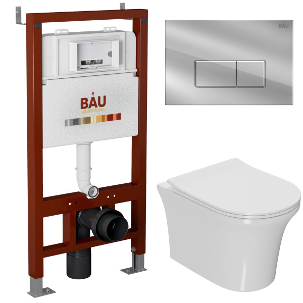 Комплект BAU 6 в 1: инсталляция BAU PRO, унитаз подвесной безободковый Bau Spectrum PRO, сиденье быстросъемное микролифт, клавиша BAU Hotel, хром