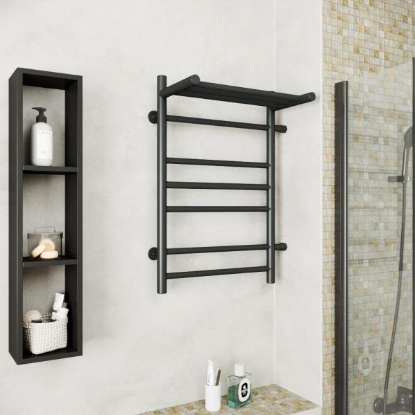 Полотенцесушитель водяной с полкой Маргроид BAU В10 50х80, П7 (2+3+2) боковое подключение 50, черный матовый RAL 9005