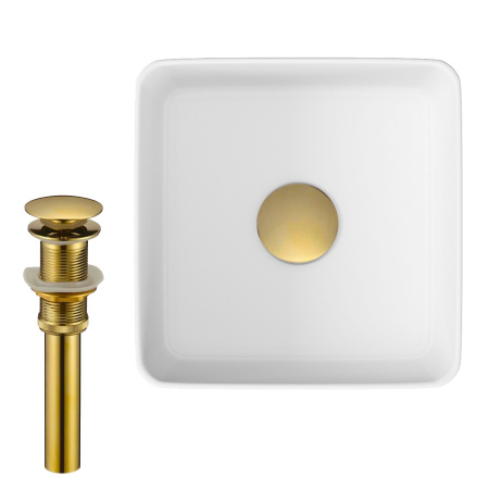 Раковина накладная на столешницу BAU Mini квадратная 24х24 белая, выпуск клик клак, золото