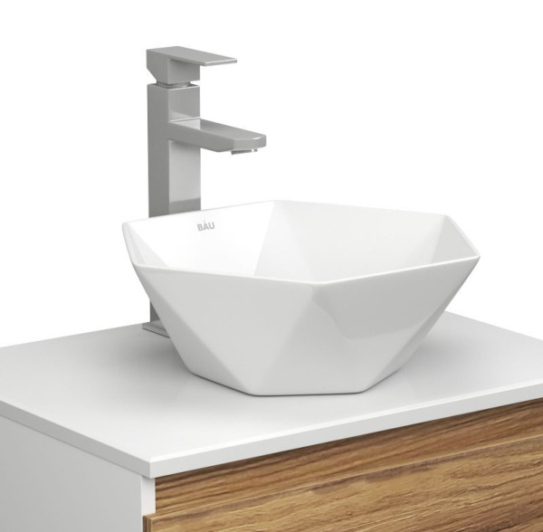 Раковина накладная со смесителем и выпуском (на столешницу BAU Crystal 40х40, белая + смеситель Hotel Still, нер. сталь, выпуск клик-клак хром)