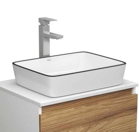 Раковина накладная со смесителем (прямоугольная BAU Hotel 48х37, белая, черный кант + смеситель Hotel Still, нержавеющая сталь)