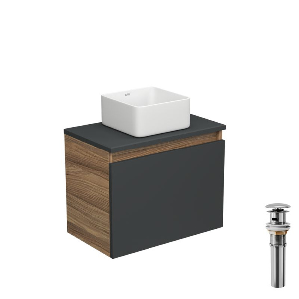 Тумба с раковиной и выпуском (тумба Bau Dream 50, графит + раковина накладная квадратная BAU Hotel mini 24х24, выпуск клик-клак, хром)