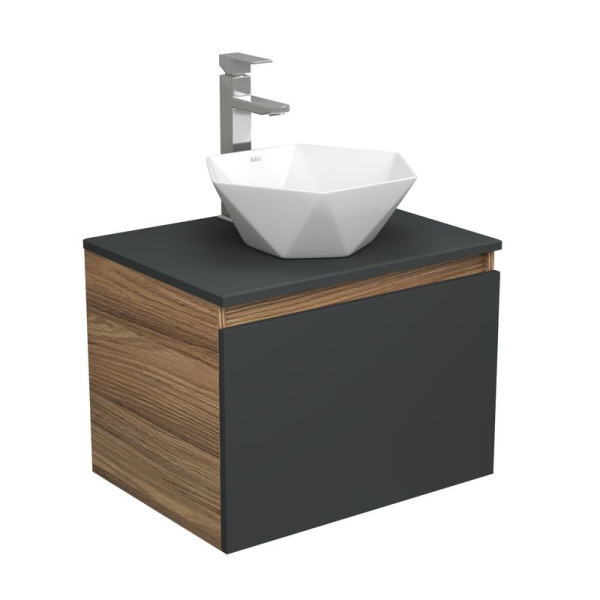 Комплект для ванной, 3 предмета (тумба Bau Dream 60, графит + раковина накладная на столешницу BAU Crystal 40х40, смеситель высокий Hotel Still)