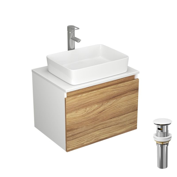 Комплект для ванной, 4 предмета (Тумба Bau Dream Blackwood 60, раковина BAU Hotel 48х37, смеситель для раковины Diadonna Dream, латунь, выпуск клик клак, белый)