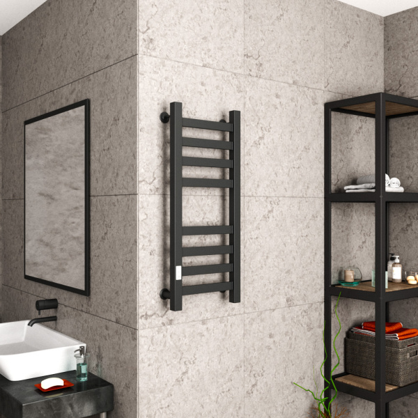 Полотенцесушитель электрический профильный Маргроид BAU В81/10 30х80, 2 вставки 4х4 размер 30*10, черный матовый RAL 9005 с таймером слева