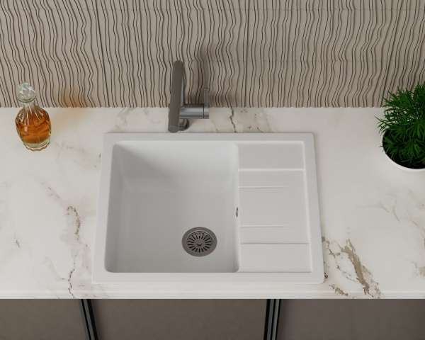 Мойка для кухни оборачиваемая с крылом BAU Stil White snow 61х50, выпуск с сифоном в комплекте, белый снег