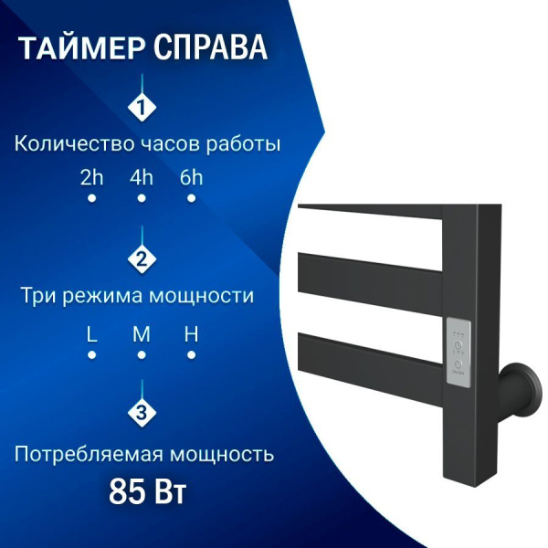 Полотенцесушитель электрический профильный Маргроид BAU В81/10 50х60, 2 вставки 3х3 размер 30*10, черный матовый с таймером, универсальное подключение