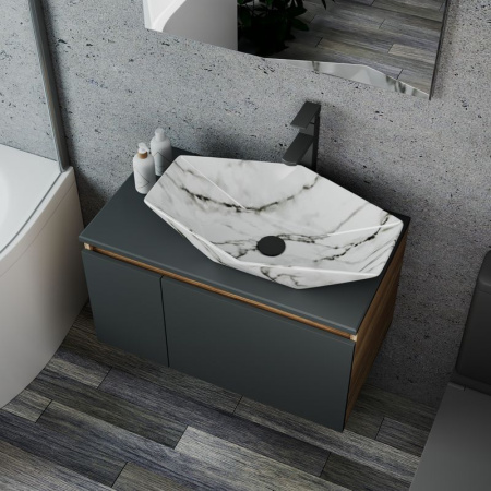 Комплект для ванной, 4 предмета (Тумба подвесная Bau Blackwood 80 графит + Раковина BAU 64х40, мрамор + Смеситель Hotel Black, черный, выпуск черный)