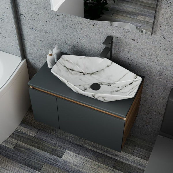 Комплект для ванной, 4 предмета (Тумба подвесная Bau Blackwood 80 графит + Раковина BAU 64х40, мрамор + Смеситель Hotel Black, черный, выпуск черный)