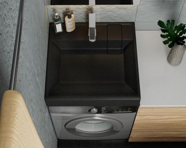 Раковина над стиральной машиной BAU Stil кварцевая в комплекте с выпуском и кронштейнами, черный металлик