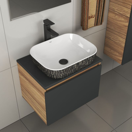 Комплект для ванной, 4 предмета (тумба Bau 60, графит + раковина BAU Stil Black White 50х40 + смеситель Hotel Black, выпуск клик-клак, черный)