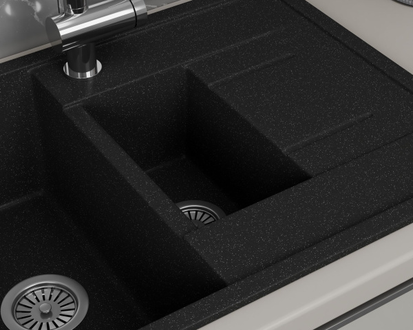 Мойка для кухни оборачиваемая полуторная чаша с крылом BAU Stil Black stone 77х50, выпуск с сифоном в комплекте, черный камень