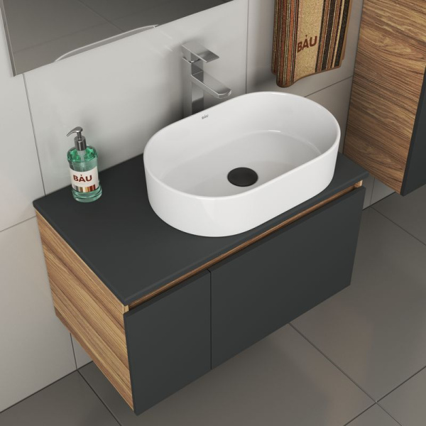 Комплект для ванной, 4 предмета (тумба Bau 80, графит + раковина BAU Nimb 56х36 + смеситель Hotel Still, выпуск клик-клак, черный)