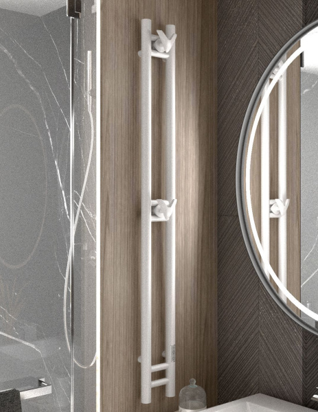 Полотенцесушитель дизайнерский электрический, BAU Stella 10х120, 2 коллектора, 2 крючка, белый полуматовый