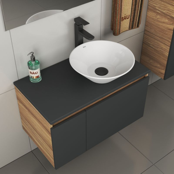Комплект для ванной, 4 предмета (тумба Bau 80, графит + раковина BAU Dream D43 + смеситель Hotel Black, выпуск клик-клак, черный)