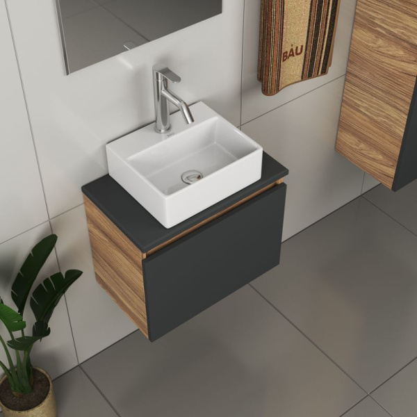 Комплект для ванной, 4 предмета (Тумба подвесная под раковину Bau 50, графит + раковина BAU 33х28 + смеситель Dream, нержавеющая сталь, выпуск)