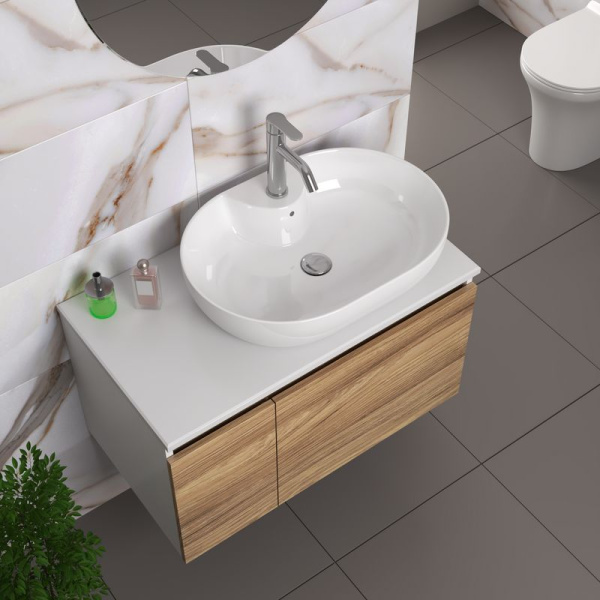 Комплект для ванной, 4 предмета (Тумба подвесная Bau Blackwood 80 + Раковина BAU 60х42, с отв. под см-ль, Смеситель Dream, нерж. сталь, выпуск)