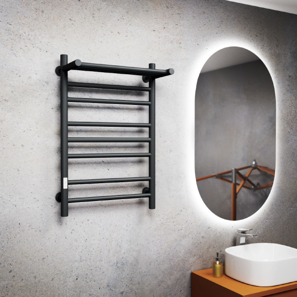 Полотенцесушитель электрический с полкой Маргроид BAU В10 50х80, П7 (2+3+2) таймер слева, черный матовый RAL 9005