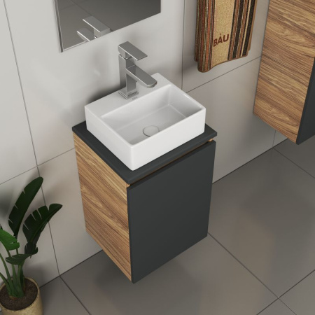 Комплект для ванной, 4 предмета (Тумба под раковину Bau Blackwood 40, графит + раковина BAU 33х28 + смеситель Hotel Still, нержавеющая сталь, выпуск)