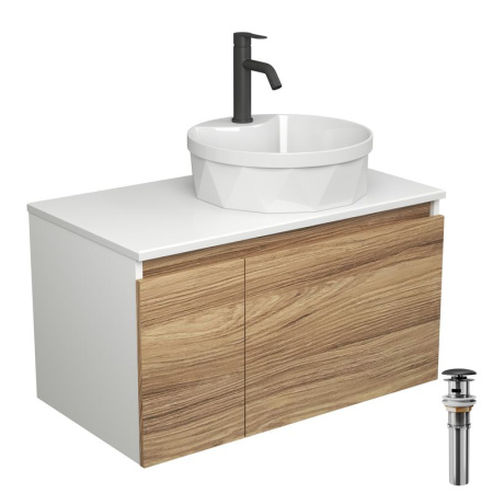 Комплект для ванной, 4 предмета (Тумба подвесная Bau Blackwood 80 + Раковина BAU D40, с отв. под см-ль + Смеситель Dream Black, черный, выпуск черный)