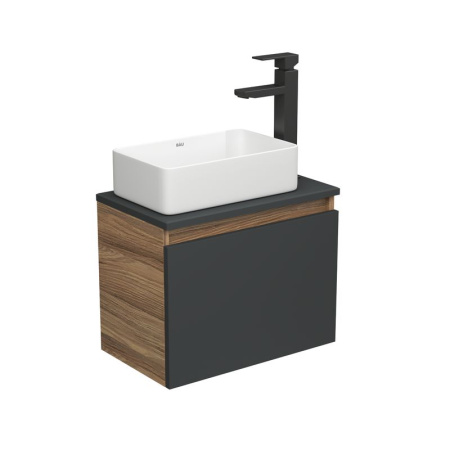 Комплект для ванной, 3 предмета (тумба Bau Dream 50, графит + раковина санфаянс накладная BAU Hotel mini 38х24, смеситель высокий Hotel Black)