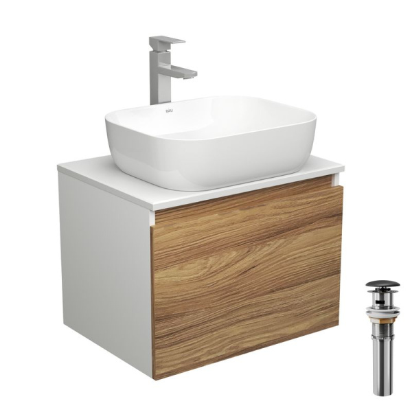 Комплект для ванной, 4 предмета (тумба Bau Dream 60 + раковина BAU Stil Pro Pro 50х40, белая + смеситель Hotel Still, выпуск клик-клак, черный)