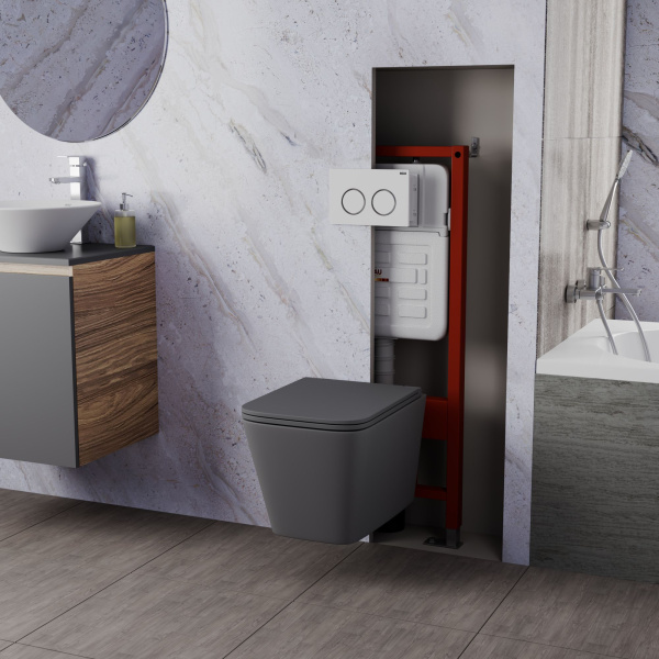 Комплект BAU 6 в 1: усиленная инсталляция BAU IDEAL, унитаз подвесной безободковый торнадо обратного потока Bau Stil Hurricane-2 темно-серый матовый, сиденье микролифт, клавиша BAU Round, белый/хром