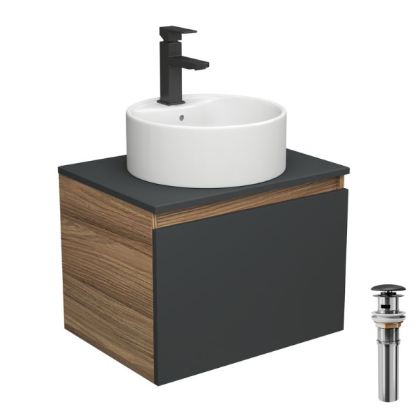 Комплект для ванной, 4 предмета (тумба Bau 60, графит + раковина BAU D40, с отв. под смеситель + смеситель Hotel Black, выпуск клик-клак, черный)