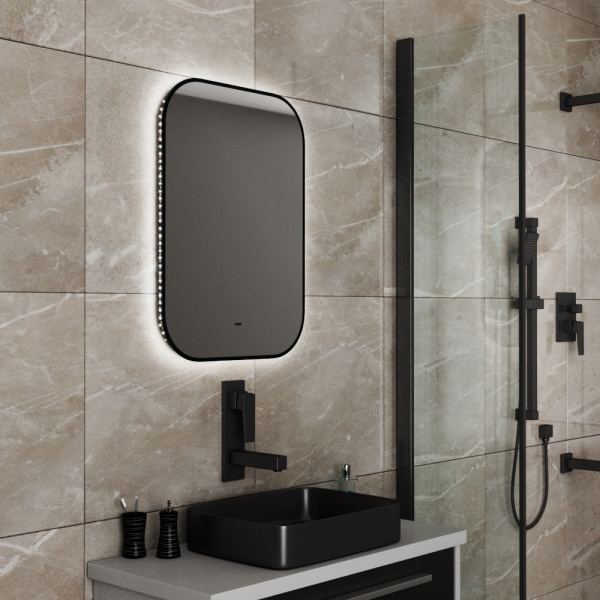 Зеркало Bau Black Rand 50х70, с LED фоновой подсветкой, бесконтактным сенсором, черной окантовкой
