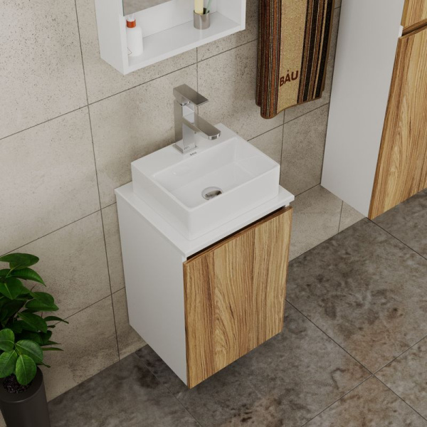 Комплект для ванной, 4 предмета (Тумба под раковину Bau Blackwood 40 + раковина BAU 33х28 + смеситель Hotel Still, нержавеющая сталь, выпуск)