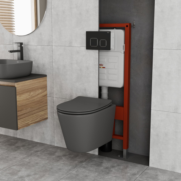 Комплект BAU 6 в 1: усиленная инсталляция BAU IDEAL, унитаз подвесной безободковый Bau Nimb темно-серый матовый, сиденье дюропласт микролифт, клавиша BAU Strike, черная матовая