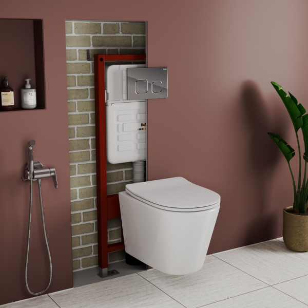 Комплект BAU 6 в 1: усиленная инсталляция BAU IDEAL, унитаз подвесной безободковый Bau Nimb, сиденье дюропласт микролифт, клавиша BAU Strike, хром