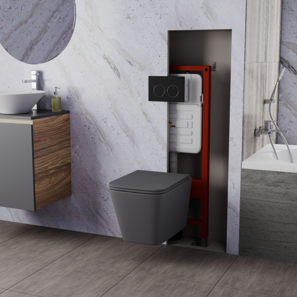 Комплект BAU 6 в 1: усиленная инсталляция BAU IDEAL, унитаз подвесной безободковый торнадо обратного потока Bau Stil Hurricane2 темно-серый матовый, сиденье микролифт, клавиша BAU Round черная матовая