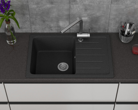 Мойка для кухни оборачиваемая с крылом BAU Stil Black stone 75х50, выпуск с сифоном в комплекте, черный камень