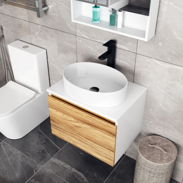 Комплект для ванной, 4 предмета (Тумба Bau Dream Blackwood 60, раковина BAU Nimb 50х36, смеситель для раковины высокий Hotel Black, черный, выпуск клик клак, черный)