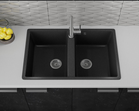 Мойка для кухни оборачиваемая двойная чаша BAU Stil Black stone 77х50, выпуск с сифоном в комплекте, черный камень