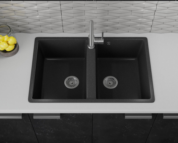 Мойка для кухни оборачиваемая двойная чаша BAU Stil Black stone 77х50, выпуск с сифоном в комплекте, черный камень