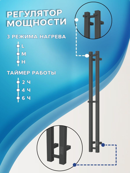 Полотенцесушитель дизайнерский электрический, профильный BAU Stella Square 8х120, 2 коллектора, 4 крючка (Чёрный матовый DB-0083)