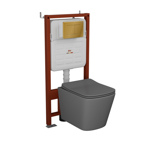 Комплект BAU 6 в 1: усиленная инсталляция BAU IDEAL, унитаз подвесной безободковый Bau Stil 49х35 темно-серый матовый, сиденье дюропласт микролифт, клавиша BAU Light антивандальная, нерж. сталь золото