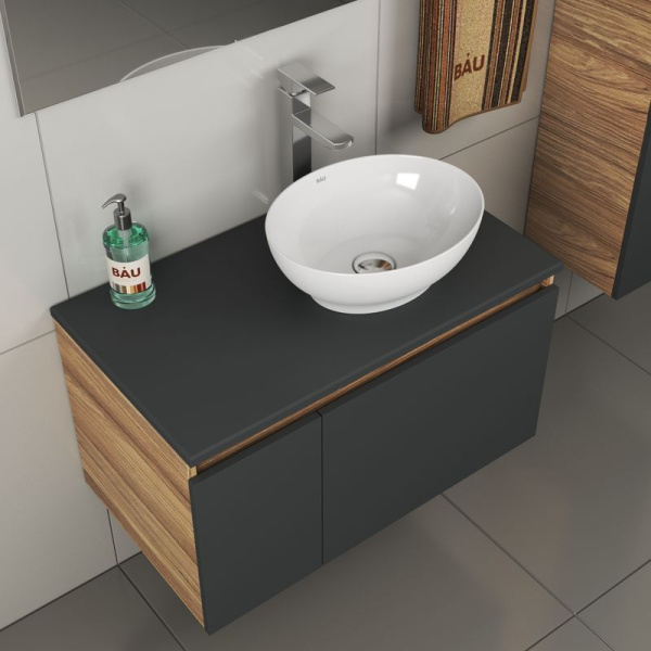 Комплект для ванной, 4 предмета (тумба Bau 80, графит + раковина BAU Nimb 41х33 + смеситель Hotel Still, выпуск клик-клак, хром)