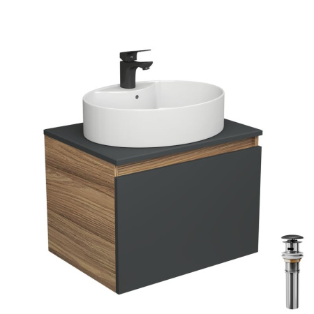 Комплект для ванной, 4 предмета (Тумба подвесная Blackwood 60 графит + Раковина BAU 51х41, с отв. под см-ль + Смеситель Cerama Black, выпуск черный)