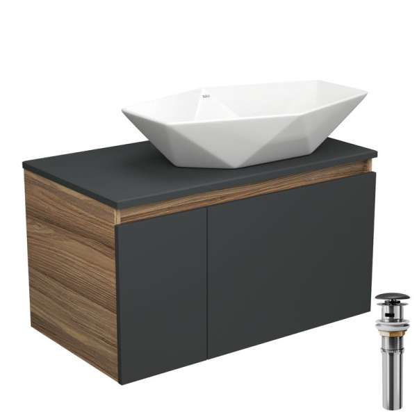 Тумба с раковиной и выпуском (тумба Bau Dream 80, графит + раковина накладная на столешницу BAU Crystal 64х40, выпуск клик-клак, черный)