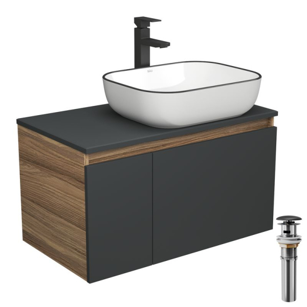 Комплект для ванной, 4 предмета (тумба Bau 80, графит + раковина BAU Stil Black Rand 50х40 + смеситель Hotel Black, выпуск клик-клак, черный)