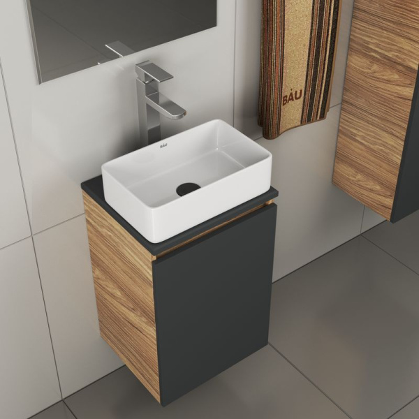 Комплект для ванной, 4 предмета (тумба Bau 40, графит + раковина BAU Hotel mini 38х24 + смеситель Hotel Still, выпуск клик-клак, черный)