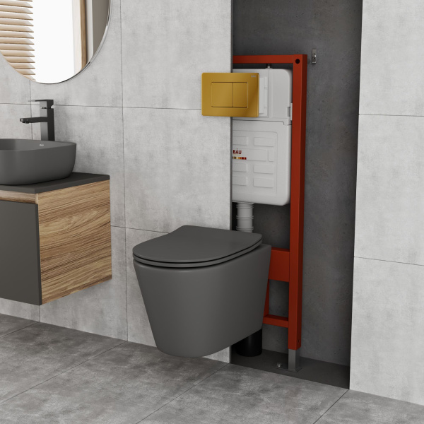 Комплект BAU 6 в 1: усиленная инсталляция BAU IDEAL, унитаз подвесной безободковый Bau Nimb темно-серый матовый, сиденье дюропласт микролифт, клавиша BAU Light антивандальная, нерж. сталь золото