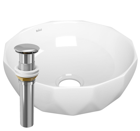 Раковина накладная на столешницу BAU Diamond D40, белая + выпуск клик-клак, хром