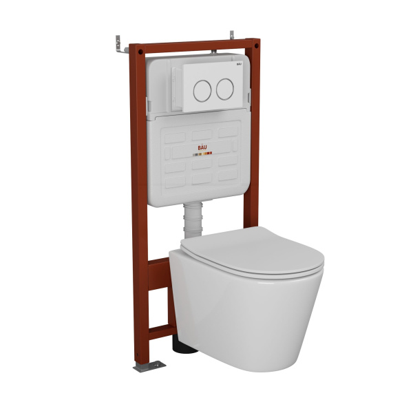 Комплект BAU 6 в 1: усиленная инсталляция BAU IDEAL, унитаз подвесной безободковый Bau Nimb, сиденье дюропласт микролифт, клавиша BAU Round, белый/хром