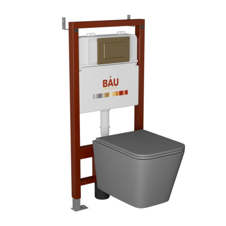 Комплект BAU 6 в 1: инсталляция BAU PRO, унитаз подвесной безободковый торнадо Bau Stil Hurricane-2, сиденье микролифт,темно-серый матовый, клавиша BAU Stil, бронза