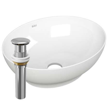 Раковина накладная овальная BAU Nimb 41х33, белая + выпуск клик-клак, хром